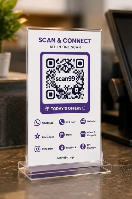Scan99 QR code stand on a shop counter